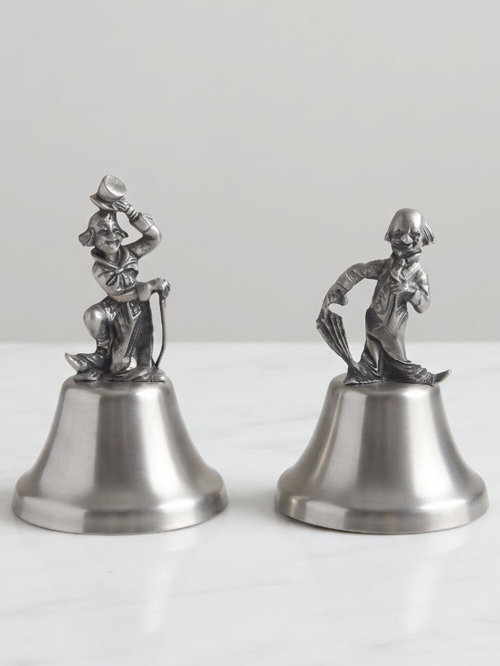 Set of 2 Vintage Circus Clown Metal Hand Bells Silver Tone Figurine Decor 3.75"